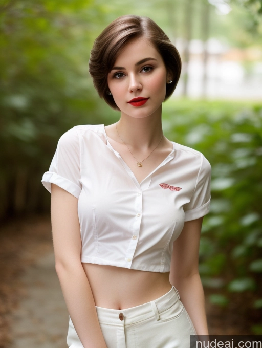 ai nude image of arafed woman in white shirt and white pants posing for a picture pics of Small Tits Beautiful Lipstick Skinny Fairer Skin 18 Brunette Pixie Russian Close-up View Shirt