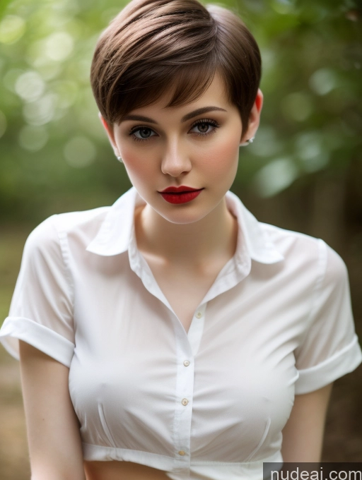 ai nude image of there is a woman with a white shirt and red lipstick pics of Small Tits Beautiful Lipstick Skinny Fairer Skin 18 Brunette Pixie Russian Close-up View Shirt