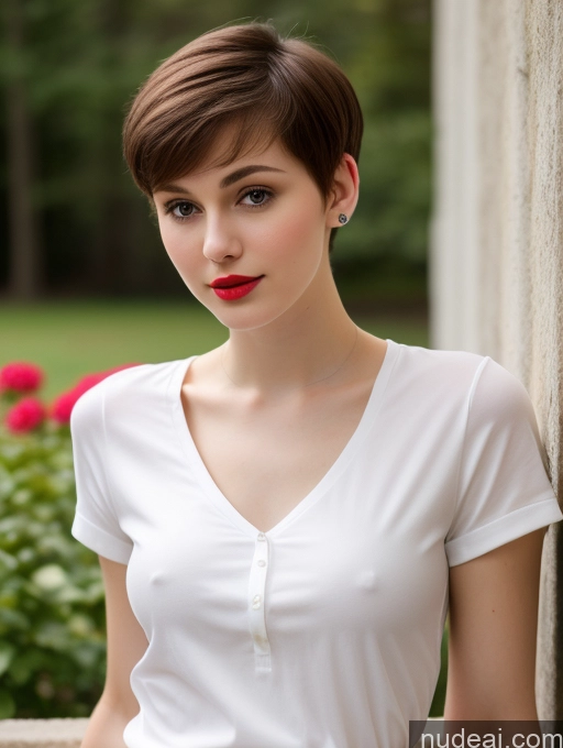 ai nude image of arafed woman with short hair and red lipstick standing in front of a wall pics of Small Tits Beautiful Lipstick Skinny Fairer Skin 18 Brunette Pixie Russian Close-up View Shirt