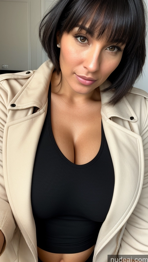 ai nude image of there is a woman with a black top and a tan jacket pics of Woman Beautiful One 30s Black Hair Close-up View Detailed Simple Bangs White Huge Boobs Jacket