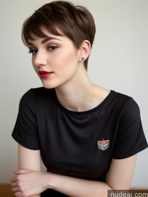 ai nude image of arafed woman with short hair wearing a black shirt and red lipstick pics of Small Tits Beautiful Lipstick Skinny Fairer Skin 18 Brunette Pixie Russian Close-up View Shirt