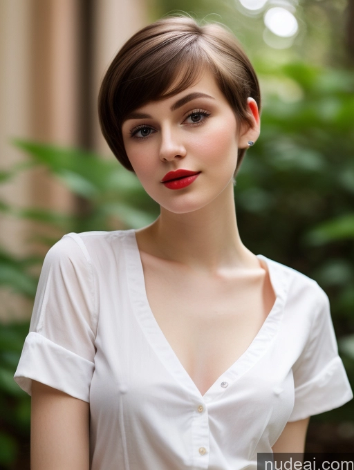 ai nude image of arafed woman with short hair and red lipstick posing for a picture pics of Small Tits Beautiful Lipstick Skinny Fairer Skin 18 Brunette Pixie Russian Close-up View Shirt