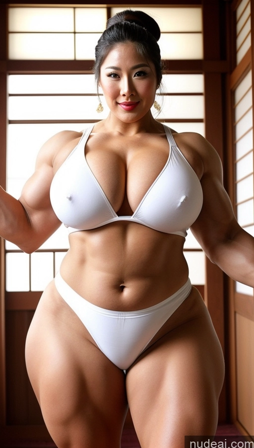 ai nude image of arafed woman in a white bikini posing for a picture pics of Huge Boobs Lipstick Muscular Big Ass Abs Chubby Fairer Skin Traditional Japanese Bodybuilder