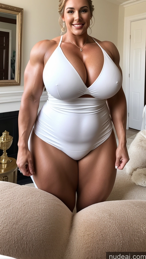 ai nude image of araffe woman in a white swimsuit posing for a picture pics of Huge Boobs Lipstick Muscular Big Ass Abs Chubby 18 Fairer Skin Wedding Bodybuilder