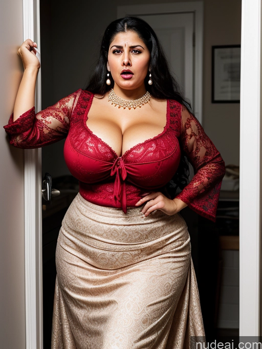 ai nude image of there is a woman in a red top and a gold skirt pics of Woman Busty Huge Boobs Big Hips Fat Chubby Thick Big Ass Lipstick Short Shocked Angry Changing Room Front View Dress Pearl Jewelry Traditional Victorian Long Skirt Black Hair Arabic 80s