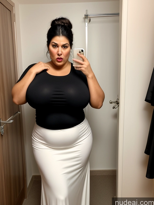 ai nude image of there is a woman taking a selfie in a bathroom mirror pics of Busty Huge Boobs Big Hips Fat Chubby Thick Big Ass Lipstick Short Shocked Angry Changing Room Front View Dress Pearl Jewelry Traditional Victorian Long Skirt Black Hair Arabic 80s Hair Bun Miss Universe Model