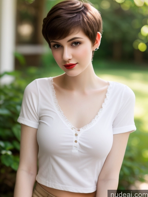 ai nude image of arafed woman with short hair and a white shirt posing for a picture pics of Small Tits Beautiful Lipstick Skinny Fairer Skin 18 Brunette Pixie Russian Close-up View Shirt