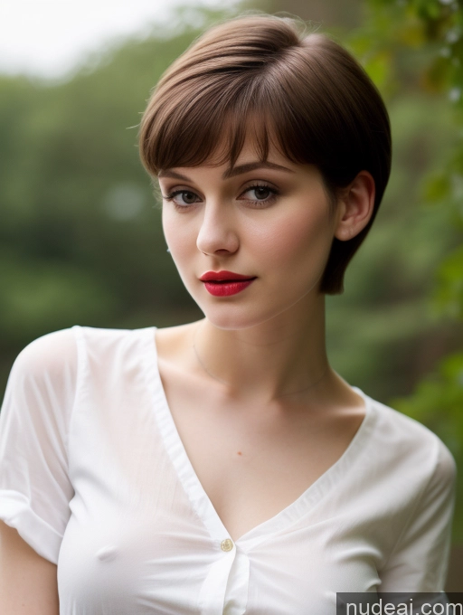 ai nude image of arafed woman with short brown hair and red lipstick posing for a picture pics of Small Tits Beautiful Lipstick Skinny Fairer Skin 18 Brunette Pixie Russian Close-up View Shirt