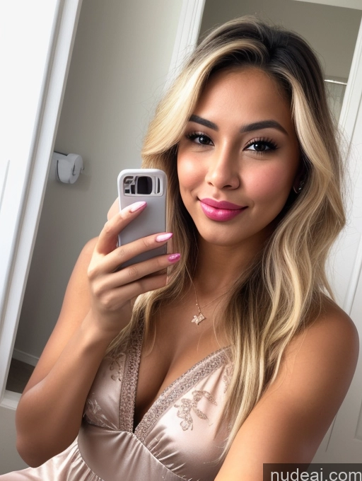 ai nude image of blond woman in a pink dress taking a selfie with her cell phone pics of Woman One 20s Happy Serious Laughing Seductive Blonde Long Hair Brazilian Tanned Skin Pouting Lips Mirror Selfie Dress Bathroom