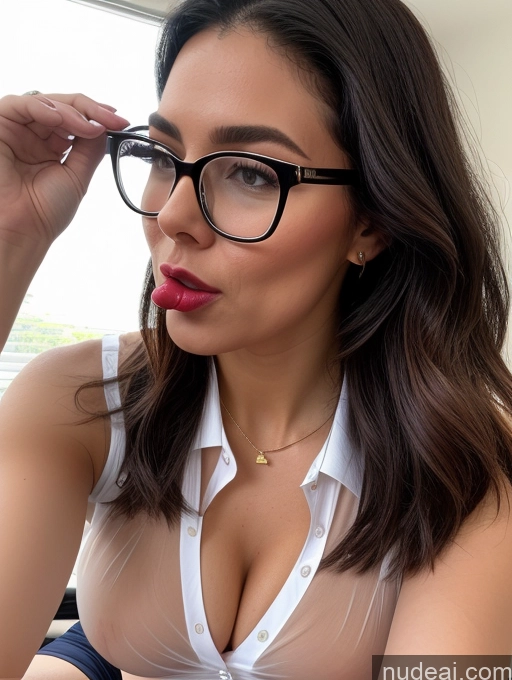 ai nude image of there is a woman wearing glasses and a white shirt pics of Sorority Busty Perfect Boobs Beautiful Glasses Lipstick Perfect Body Pubic Hair Oiled Body Seductive Close-up View Blowjob Blouse Panties Polo Secretary Shirt Teacher Stylish Stockings Transparent