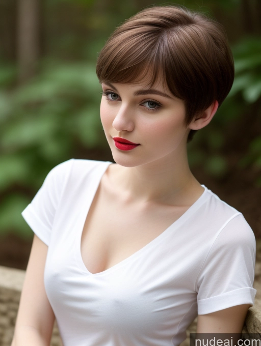 ai nude image of arafed woman with short brown hair and red lipstick posing for a picture pics of Small Tits Beautiful Lipstick Skinny Fairer Skin 18 Brunette Pixie Russian Close-up View Shirt