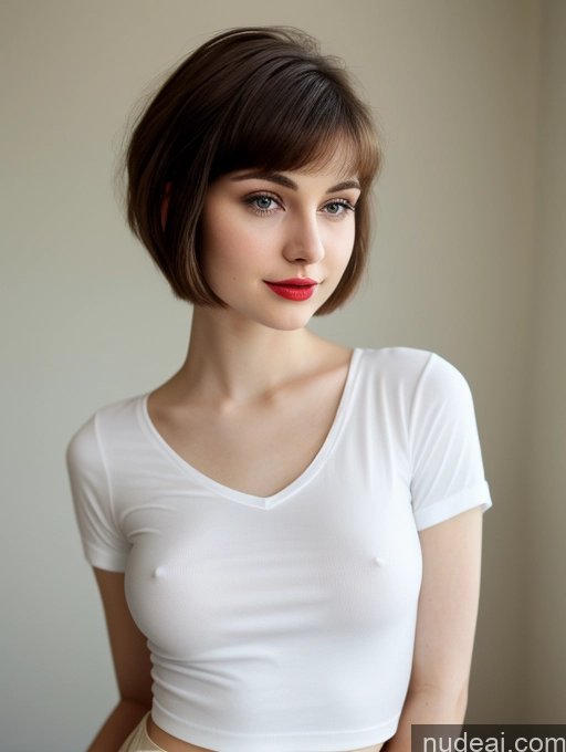 ai nude image of arafed woman with short hair and a white shirt posing for a picture pics of Small Tits Beautiful Lipstick Skinny Fairer Skin 18 Brunette Pixie Russian Close-up View Shirt