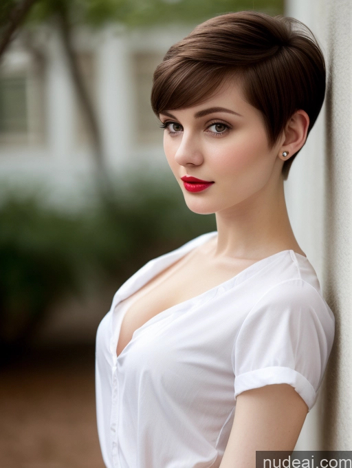 ai nude image of arafed woman with short hair and red lipstick leaning against a wall pics of Small Tits Beautiful Lipstick Skinny Fairer Skin 18 Brunette Pixie Russian Close-up View Shirt