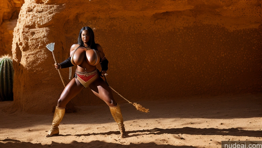 ai nude image of araffe woman in a bikini holding a bow and arrow pics of Bodybuilder Busty Huge Boobs Muscular Big Ass Pubic Hair Tanned Skin 60s Nigerian Desert Traditional Long Legs Fantasy Armor Dark Lighting Partially Nude