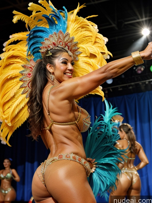 ai nude image of araffe woman in a bikini and feather headdress dancing pics of Bodybuilder Huge Boobs Beautiful Muscular Big Ass Abs Big Hips Tanned Skin 30s Happy Stage Side View Dance Dress: Samba Long Hair Mongolian