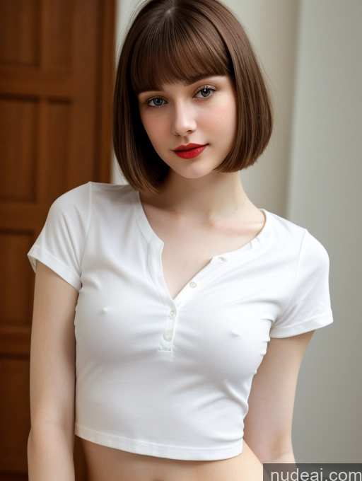 ai nude image of arafed woman with a white shirt and red lipstick posing for a picture pics of Small Tits Beautiful Lipstick Skinny Fairer Skin 18 Brunette Russian Close-up View Shirt Bobcut