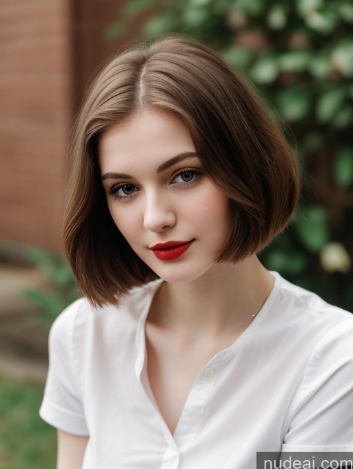 ai nude image of arafed woman with a red lip and a white shirt pics of Small Tits Beautiful Lipstick Skinny Fairer Skin 18 Brunette Russian Close-up View Shirt Bobcut