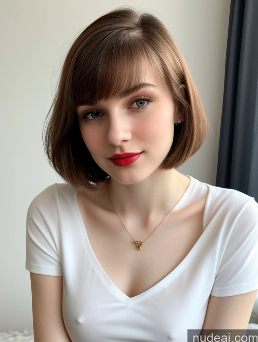 ai nude image of arafed woman with a white shirt and red lipstick posing for a picture pics of Small Tits Beautiful Lipstick Skinny Fairer Skin 18 Brunette Russian Close-up View Shirt Bobcut