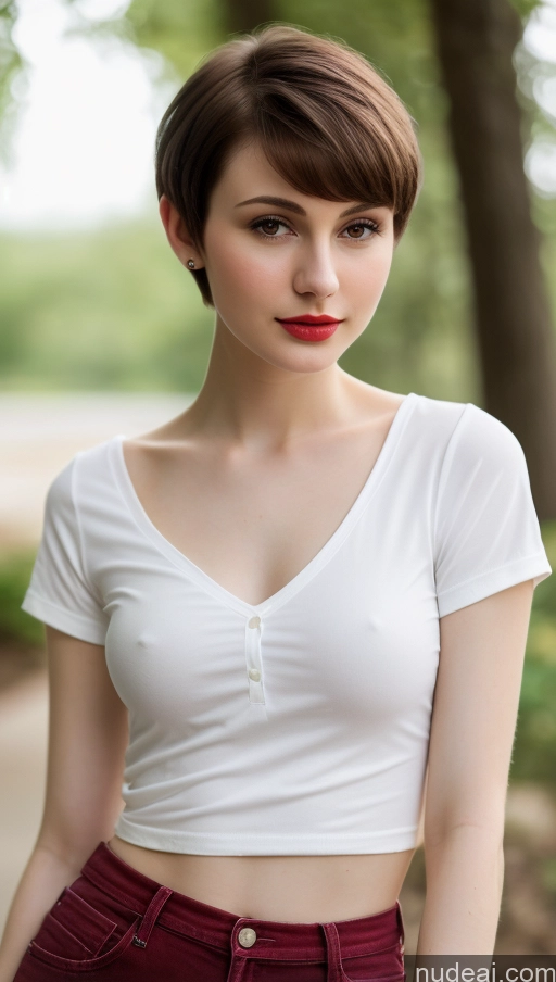 ai nude image of arafed woman with short hair and a white shirt posing for a picture pics of Small Tits Beautiful Lipstick Skinny Fairer Skin 18 Brunette Pixie Russian Close-up View Shirt