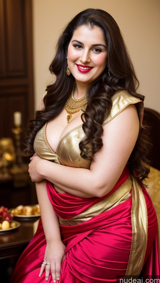 ai nude image of araffe woman in a red and gold dress posing for a picture pics of Milf Busty Beautiful Lipstick Thick Chubby Big Hips Fat Fairer Skin 20s Happy Seductive Brunette Long Hair Russian Party Front View Straddling Sari Blouse Dirndl Victorian Cleavage Gold Jewelry