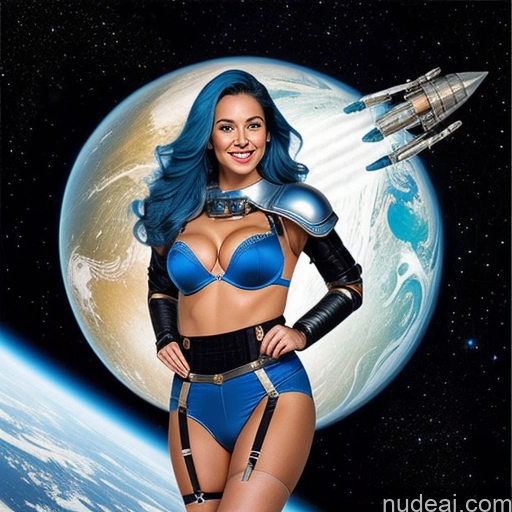 ai nude image of a woman in a blue bikini and black gloves standing in front of a planet pics of Small Tits Perfect Boobs Perfect Body 30s Happy Blue Hair Suspender Belt Push-up Bra Sci-fi Armor Space Suit One Miss Universe Model