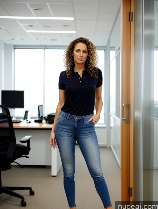 ai nude image of woman in jeans and heels standing in an office with a desk pics of Wife Or Girlfriend Small Tits Small Ass Skinny Big Hips Long Legs Tall Pubic Hair 50s Serious Brunette Curly Hair German Office Jeans High Heels Polo Transparent