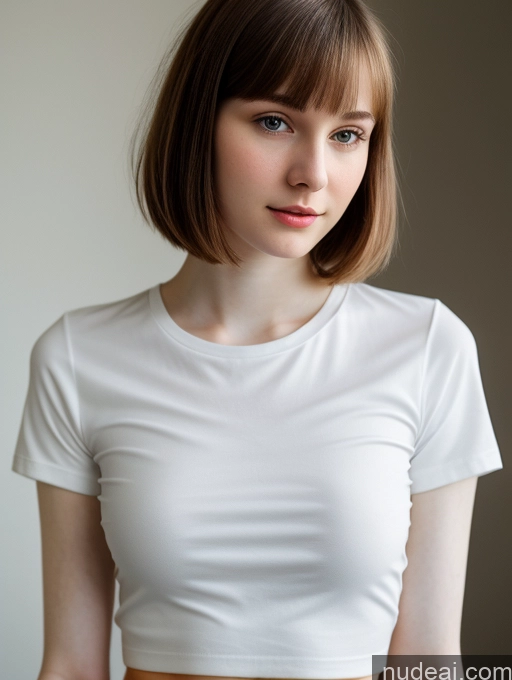 ai nude image of arafed woman in a white shirt and brown skirt posing for a picture pics of Small Tits Beautiful Skinny Fairer Skin 18 Brunette Russian Close-up View Shirt Bobcut