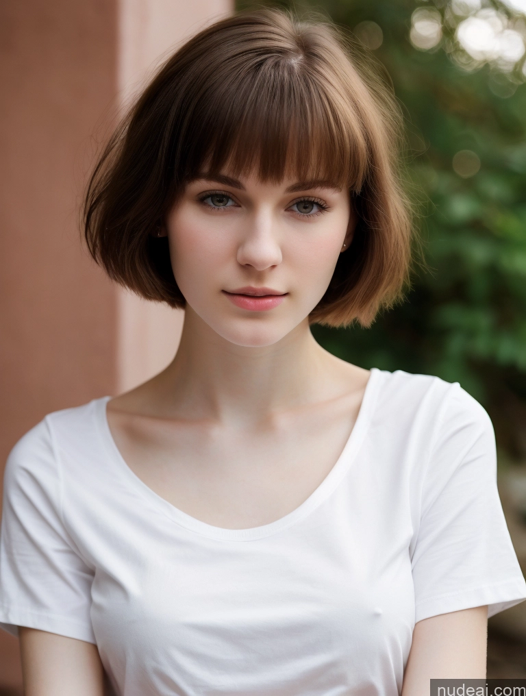 ai nude image of arafed woman with a white shirt and a brown hair pics of Small Tits Beautiful Skinny Fairer Skin 18 Brunette Russian Close-up View Shirt Bobcut