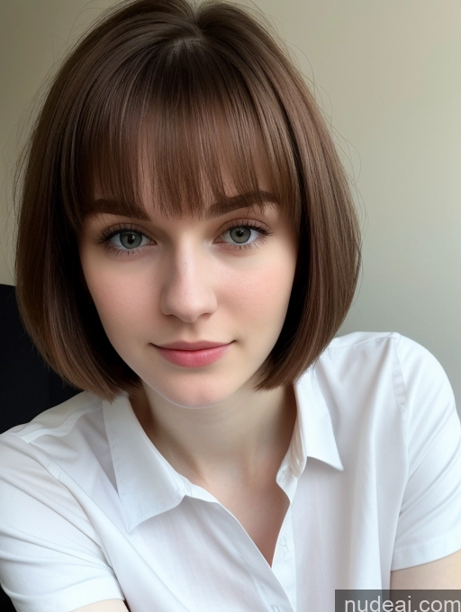 ai nude image of arafed woman with a white shirt and brown hair posing for a picture pics of Small Tits Beautiful Skinny Fairer Skin 18 Brunette Russian Close-up View Shirt Bobcut