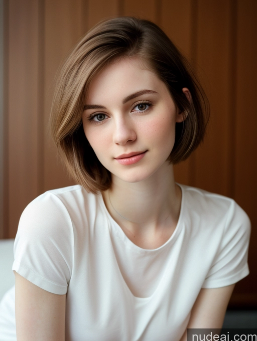 ai nude image of arafed woman with short hair and white shirt sitting on a couch pics of Small Tits Beautiful Skinny Fairer Skin 18 Brunette Russian Close-up View Shirt Bobcut