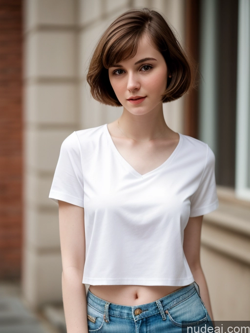 ai nude image of arafed woman in white shirt and jeans standing on sidewalk pics of Small Tits Beautiful Skinny Fairer Skin 18 Brunette Russian Close-up View Shirt Bobcut