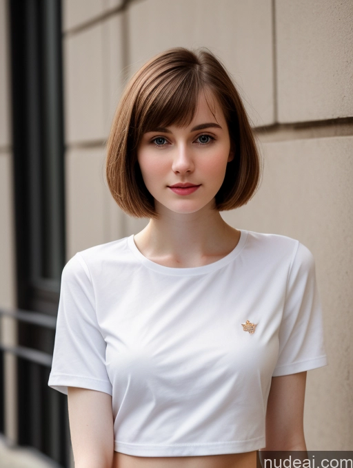 ai nude image of arafed woman with short hair and a white shirt standing in front of a building pics of Small Tits Beautiful Skinny Fairer Skin 18 Brunette Russian Close-up View Shirt Bobcut