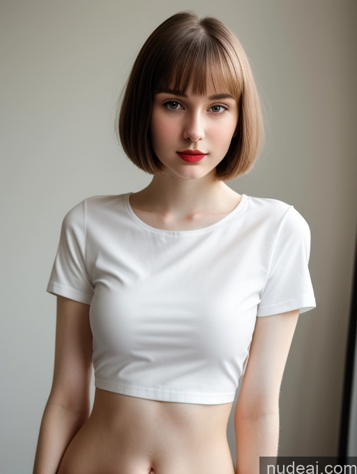 ai nude image of arafed woman with a white shirt and red lipstick posing for a picture pics of Small Tits Beautiful Skinny Fairer Skin 18 Brunette Russian Close-up View Shirt Bobcut Lipstick