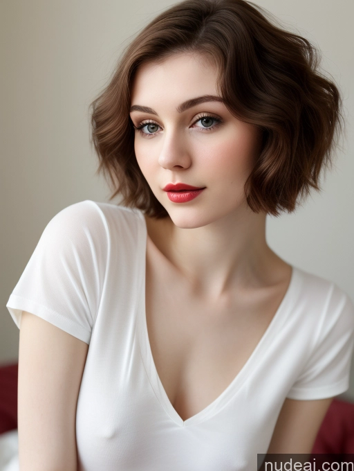 ai nude image of arafed woman with a red lip and a white shirt pics of Small Tits Beautiful Skinny Fairer Skin 18 Brunette Russian Close-up View Shirt Lipstick Pixie