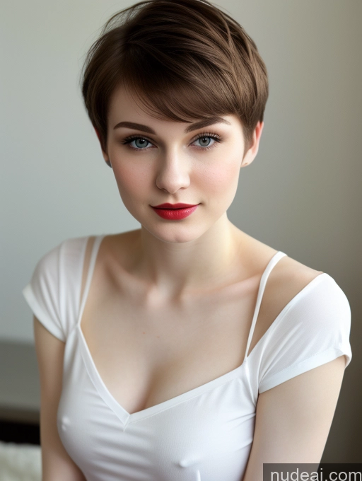 ai nude image of there is a woman with a short hair and a white shirt pics of Small Tits Beautiful Skinny Fairer Skin 18 Brunette Russian Close-up View Shirt Lipstick Pixie