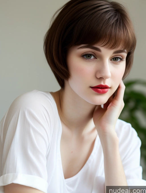 ai nude image of there is a woman with a short hair and a white shirt pics of Small Tits Beautiful Skinny Fairer Skin 18 Brunette Russian Close-up View Shirt Lipstick Pixie