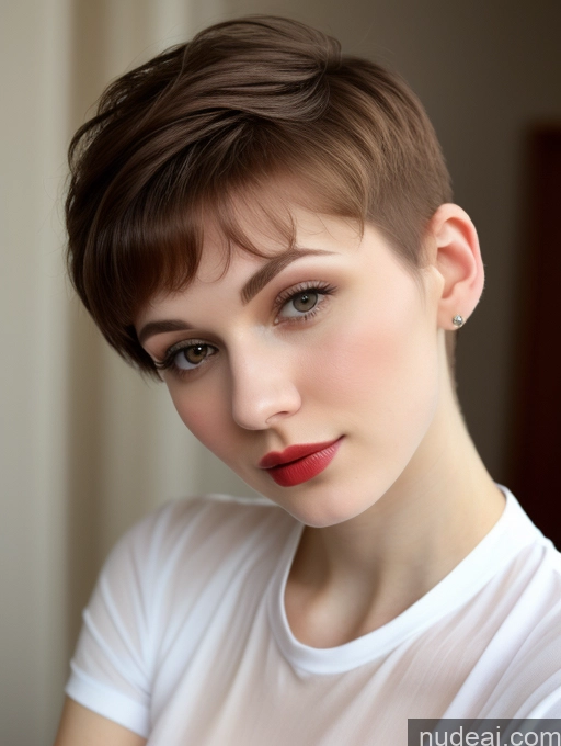 ai nude image of there is a woman with a short haircut and a white shirt pics of Small Tits Beautiful Skinny Fairer Skin 18 Brunette Russian Close-up View Shirt Lipstick Pixie