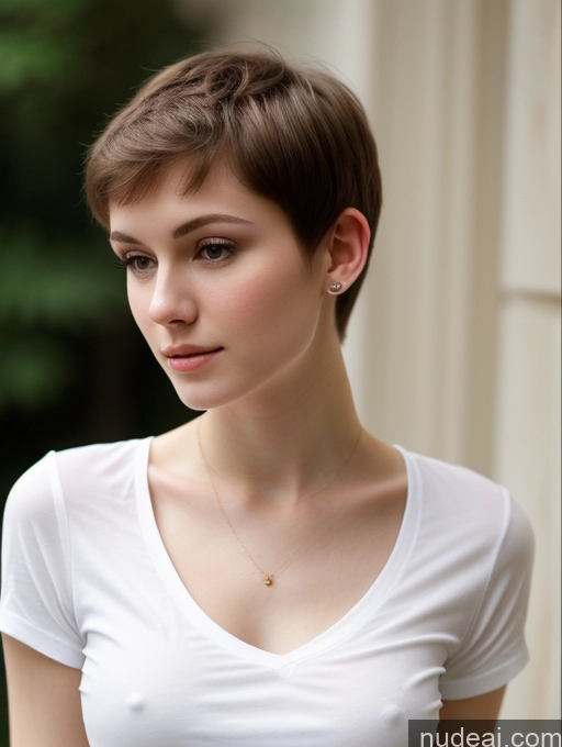 ai nude image of arafed woman with short hair wearing a white shirt and a necklace pics of Small Tits Beautiful Skinny Fairer Skin 18 Brunette Russian Close-up View Shirt Pixie