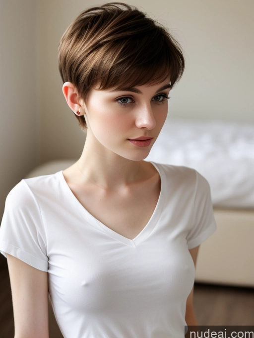 ai nude image of there is a woman with a short haircut standing in a room pics of Small Tits Beautiful Skinny Fairer Skin 18 Brunette Russian Close-up View Shirt Pixie