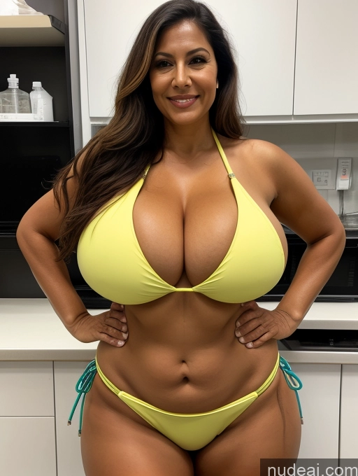 ai nude image of arafed woman in a yellow bikini posing for a picture pics of One Busty Huge Boobs Tanned Skin 70s Brazilian Front View Lab Coat Microkini Professor Thong