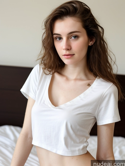 ai nude image of there is a woman that is sitting on a bed with a white shirt pics of Small Tits Beautiful Skinny Fairer Skin 18 Brunette Russian Close-up View Shirt Messy