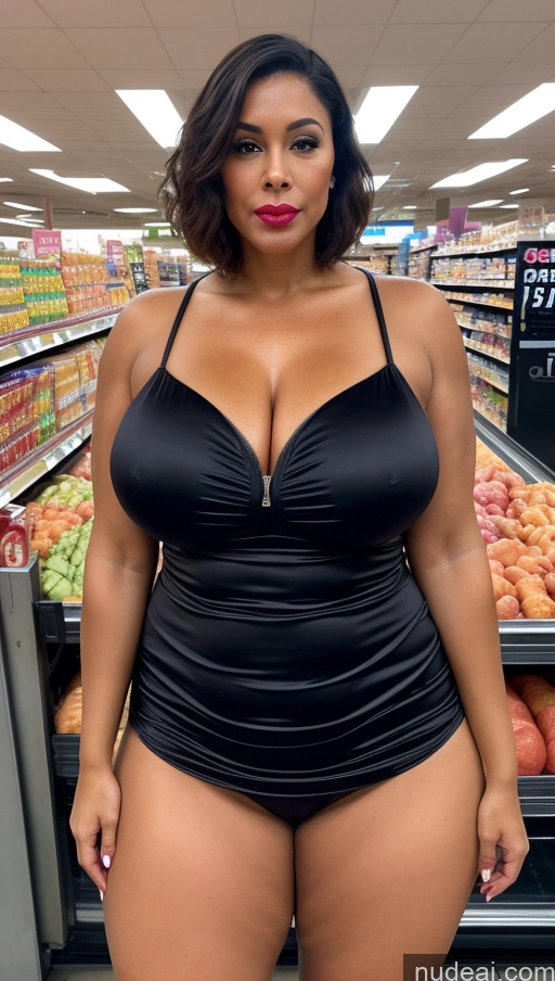 ai nude image of araffe woman in a black swimsuit posing in a grocery store pics of Milf Lipstick Big Ass Thick Chubby Long Legs Pubic Hair Short Hair Pouting Lips Skin Detail (beta) Nightgown Satin Topless Detailed Grocery Dark Lighting Huge Boobs Nude Muscular Big Hips 40s