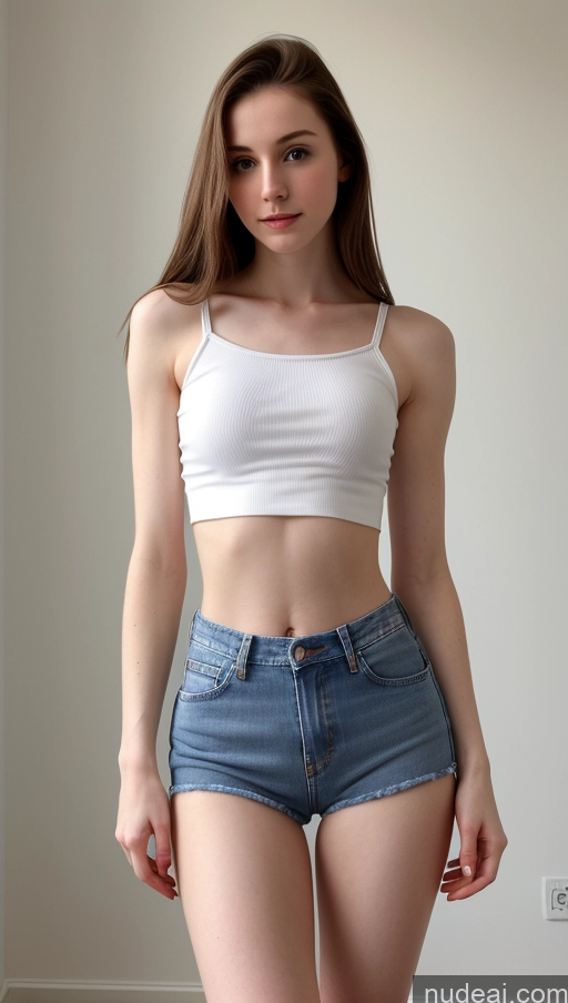 ai nude image of arafed woman in a white top and blue shorts posing for a picture pics of Small Tits Beautiful Skinny Fairer Skin 18 Brunette Russian Straight Jeans Detailed Crop Top Short