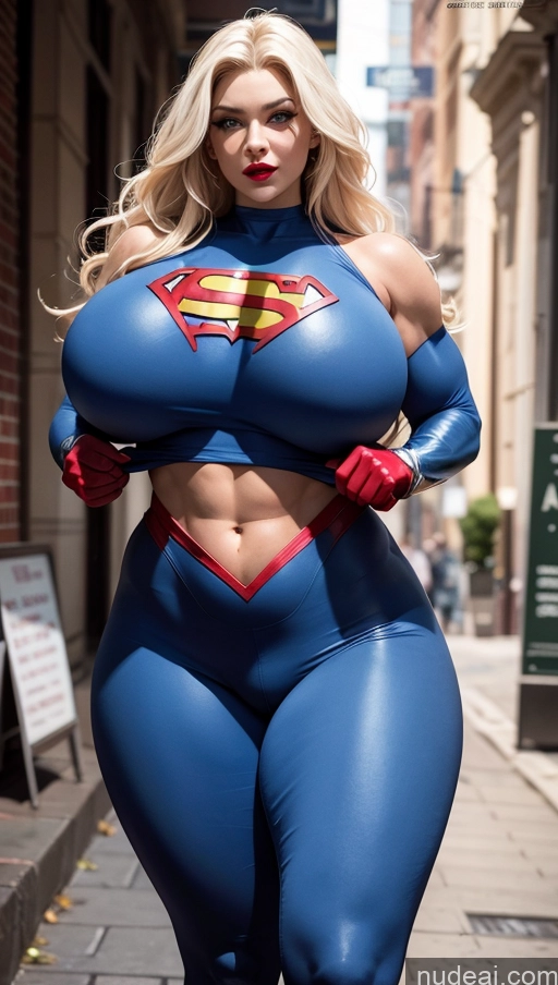 ai nude image of araffe woman in a superman costume walking down a street pics of Huge Boobs Lipstick Big Ass Abs Chubby Muscular Long Hair Fairer Skin Superhero