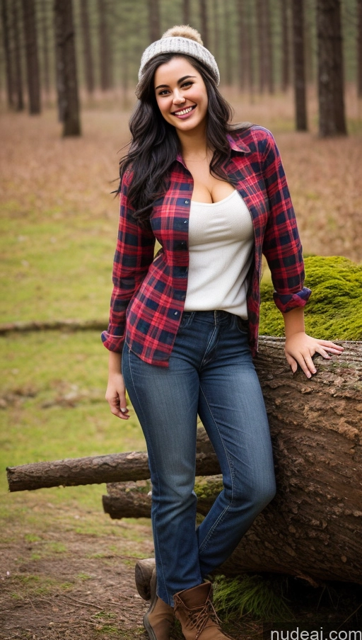 ai nude image of arafed woman in a plaid shirt and jeans leaning on a log pics of Busty Beautiful Happy Sexy Face Messy 18 Black Hair Perfect Boobs Lumberjack