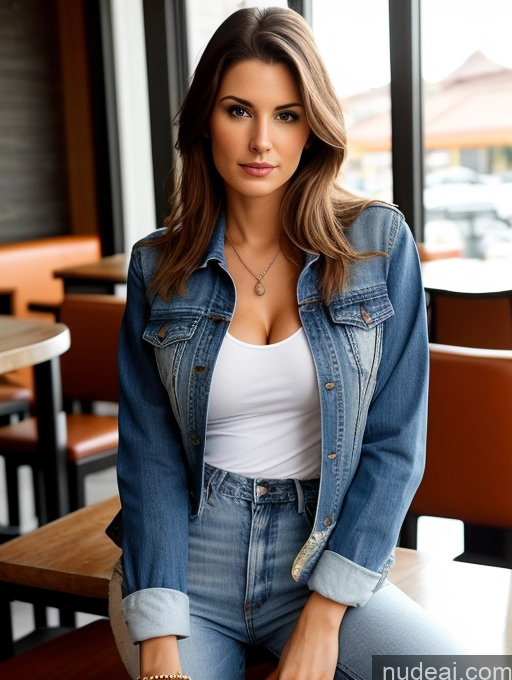 ai nude image of arafed woman sitting on a table in a restaurant wearing a denim jacket pics of Woman One Perfect Boobs Beautiful Perfect Body Fairer Skin 20s Serious Brunette Straight Brazilian Front View Bright Lighting Detailed Casual Jeans Jacket Shirt Restaurant