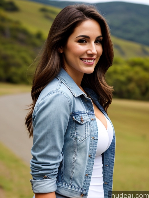 ai nude image of arafed woman in a white top and blue jean jacket pics of Woman Perfect Boobs Beautiful Perfect Body Fairer Skin 20s Brunette Straight Brazilian Bright Lighting Detailed Casual Jeans Jacket Shirt Happy Lake Side View