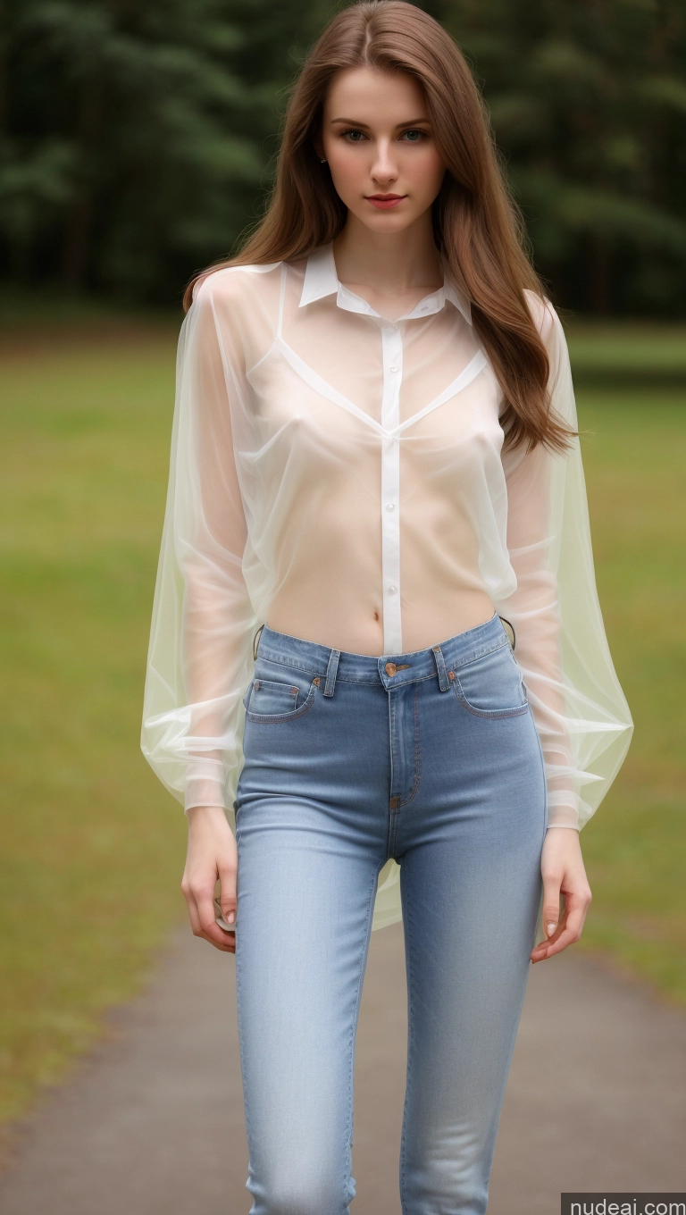 ai nude image of arafed woman in a sheer shirt and jeans standing on a path pics of One Small Tits Beautiful Skinny Fairer Skin 18 Brunette Long Hair Russian Transparent Shirt Jeans