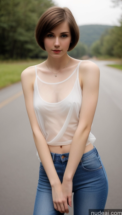 ai nude image of arafed woman in a white top and jeans posing for a picture pics of One Small Tits Beautiful Skinny Fairer Skin 18 Brunette Russian Transparent Jeans Tank Top Short Hair