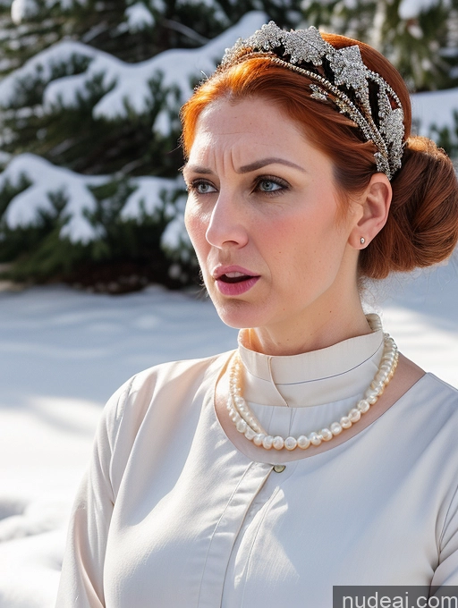 ai nude image of there is a woman with a tiara and pearls on her head pics of Woman Busty Skinny Short Shocked Angry Ginger Hair Bun Jewish Front View Dress Traditional Pearl Jewelry 40s Snow Sundress